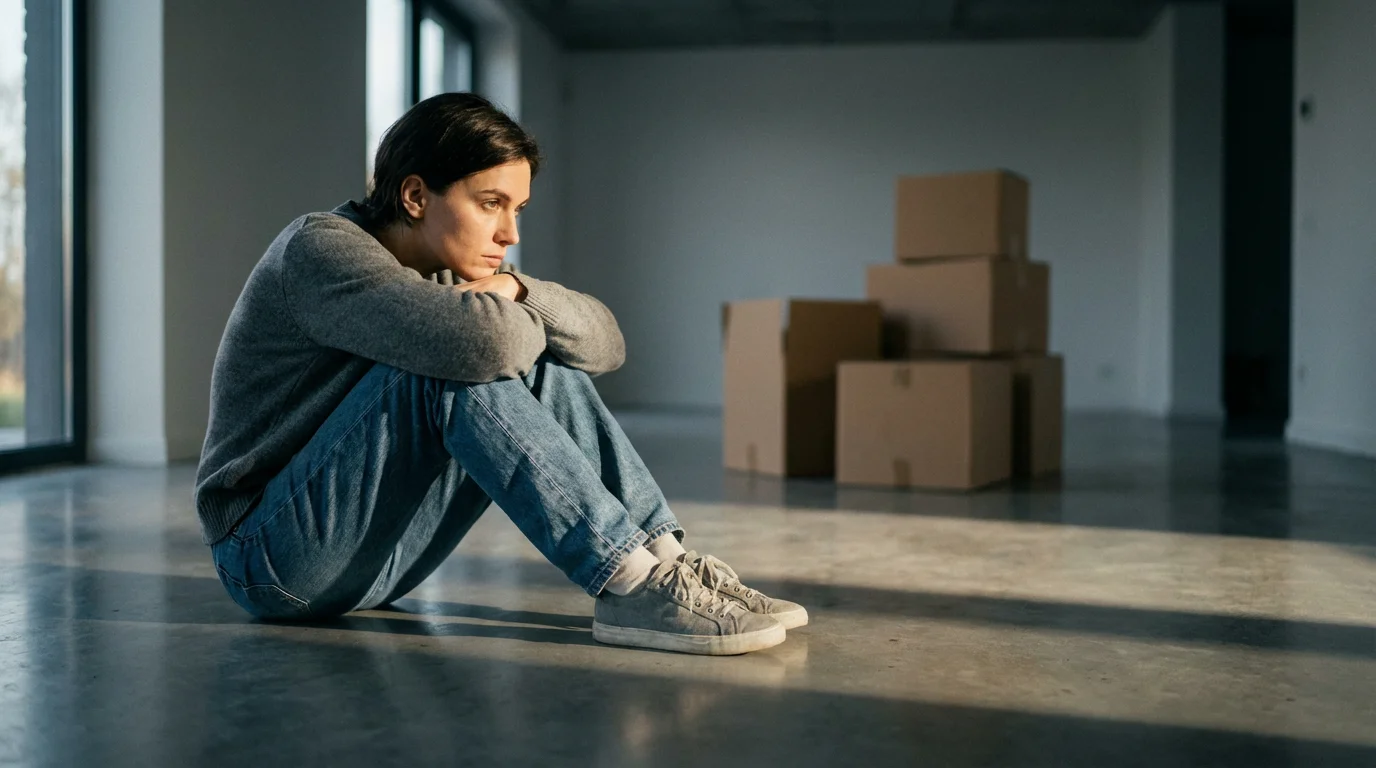 A person sits on the floor of a nearly empty room, thinking deeply.