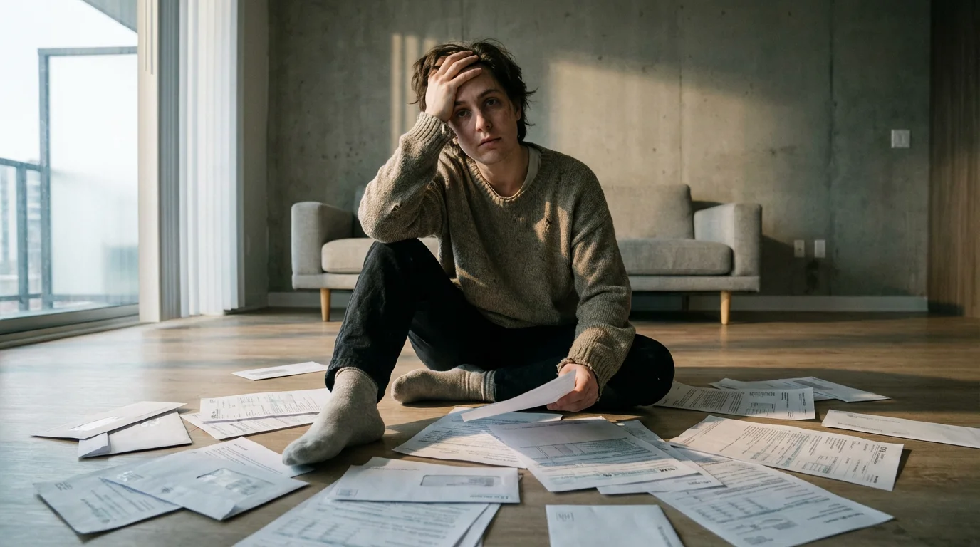 A person sits on the floor surrounded by bills, looking stressed and overwhelmed.