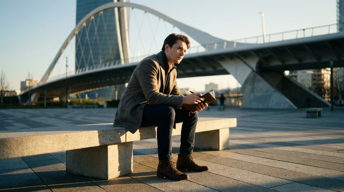 A person sits thoughtfully on a concrete bench holding a journal, planning future goals.