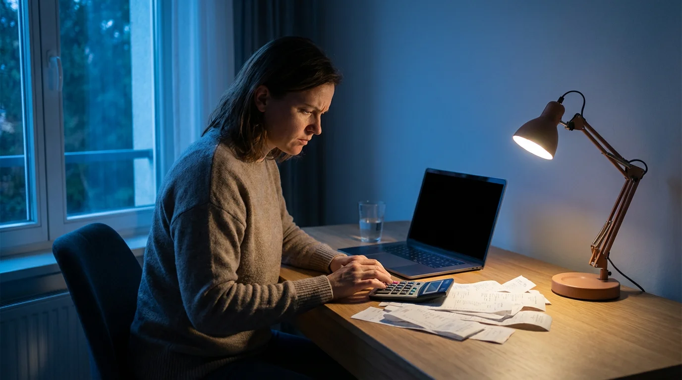 A person sitting at a desk during blue hour, managing finances with a laptop.