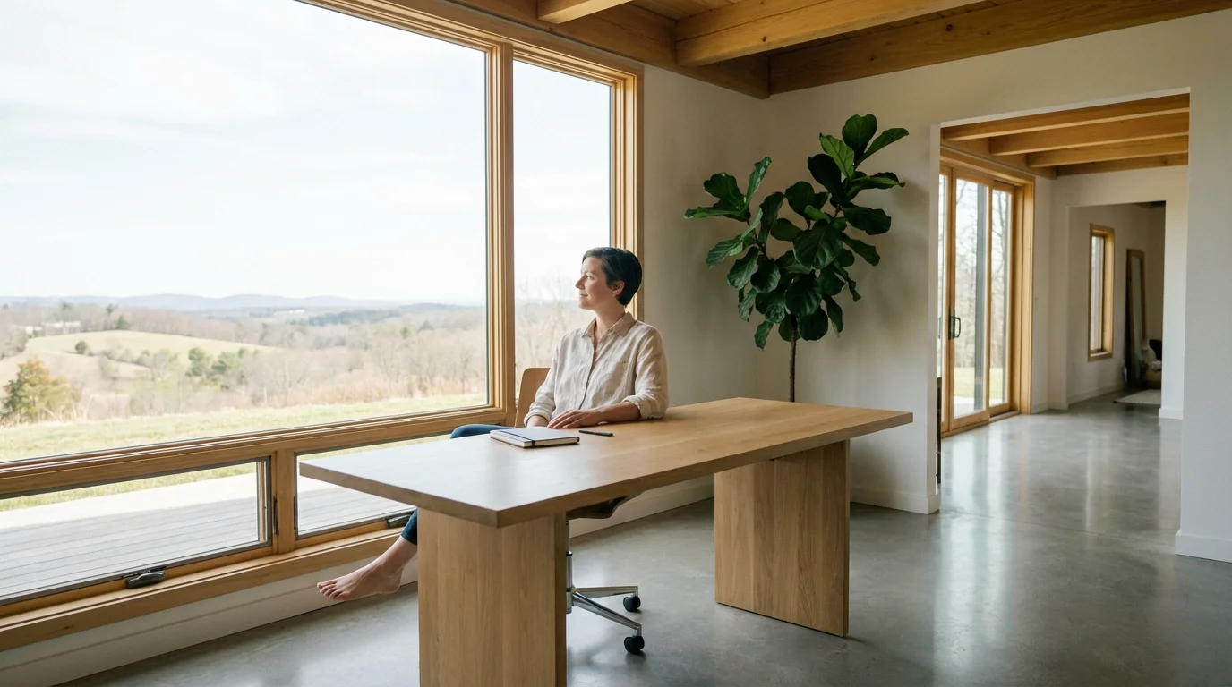 A person sitting at a desk in a bright room, looking peacefully out a window.