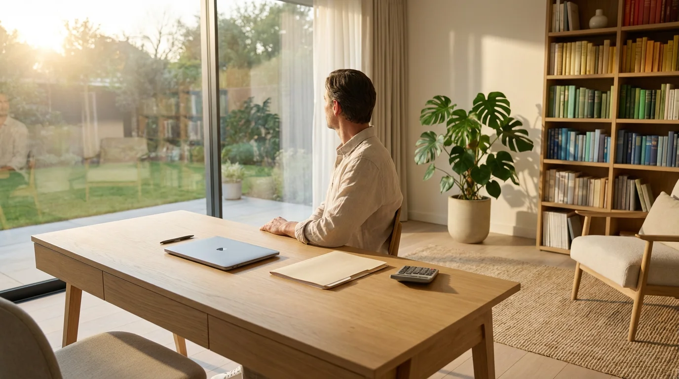 A person sitting at a desk in a sunlit home office with organized files.