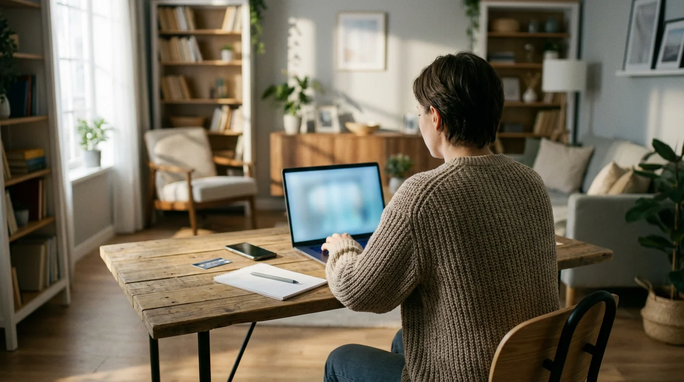 A person sitting at a desk with a laptop, planning their finances by a window.