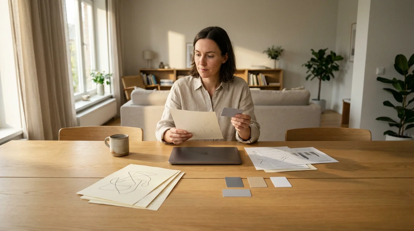 A person sitting at a dining table reviewing generic financial papers and blank credit cards.