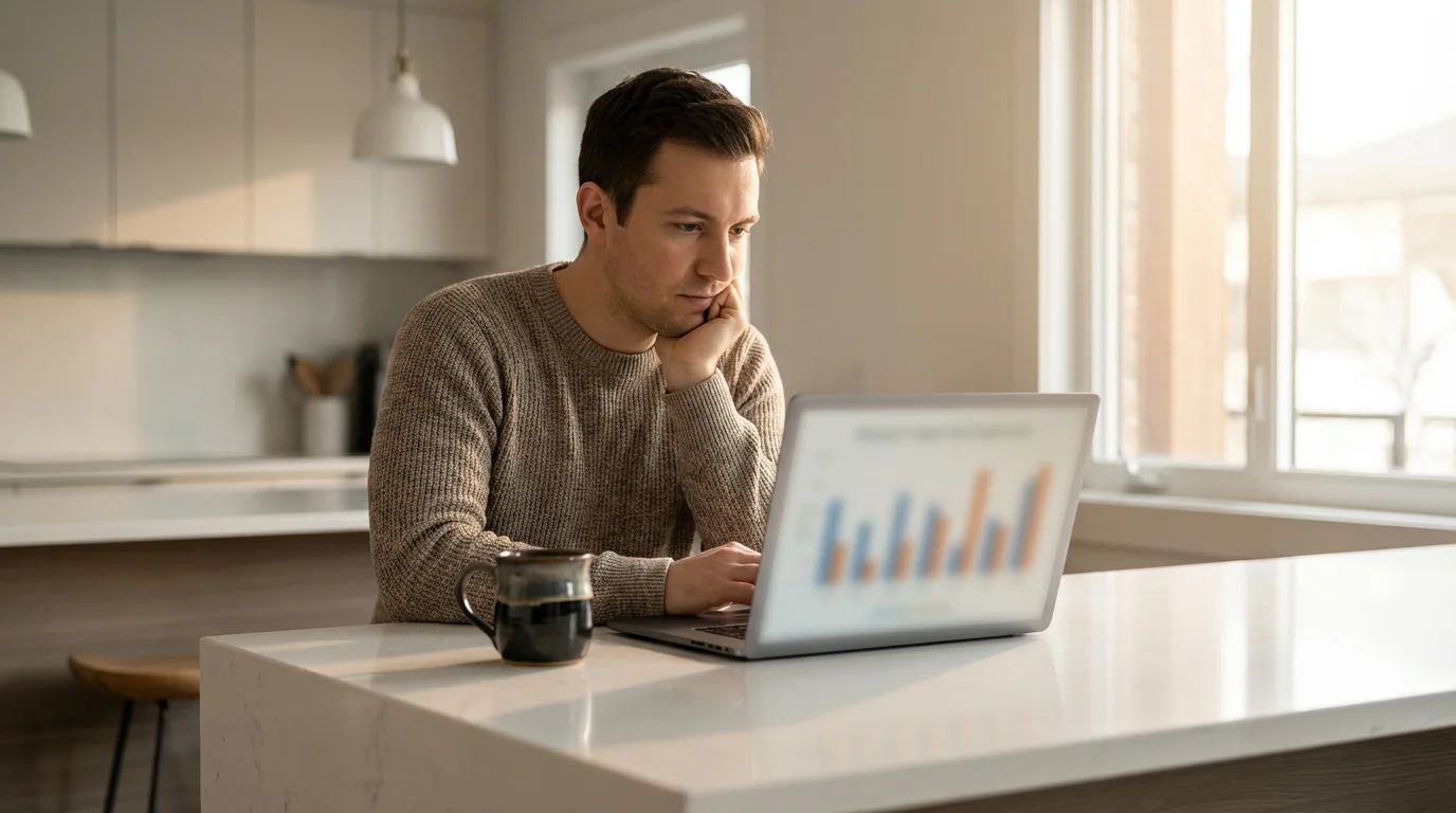 A person sitting at a modern kitchen counter reviewing their finances on a laptop.