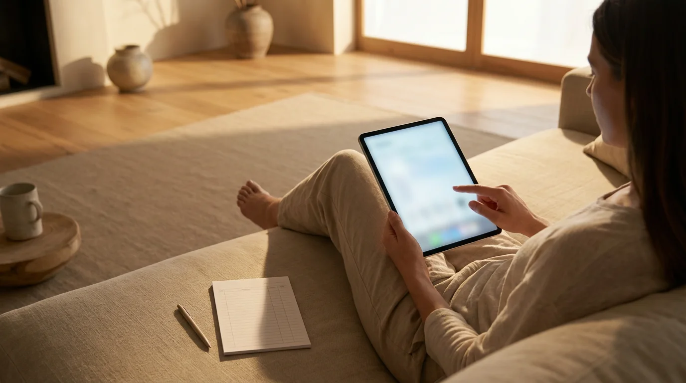 A person sitting on a sofa in a sunlit room, managing their finances on a tablet.