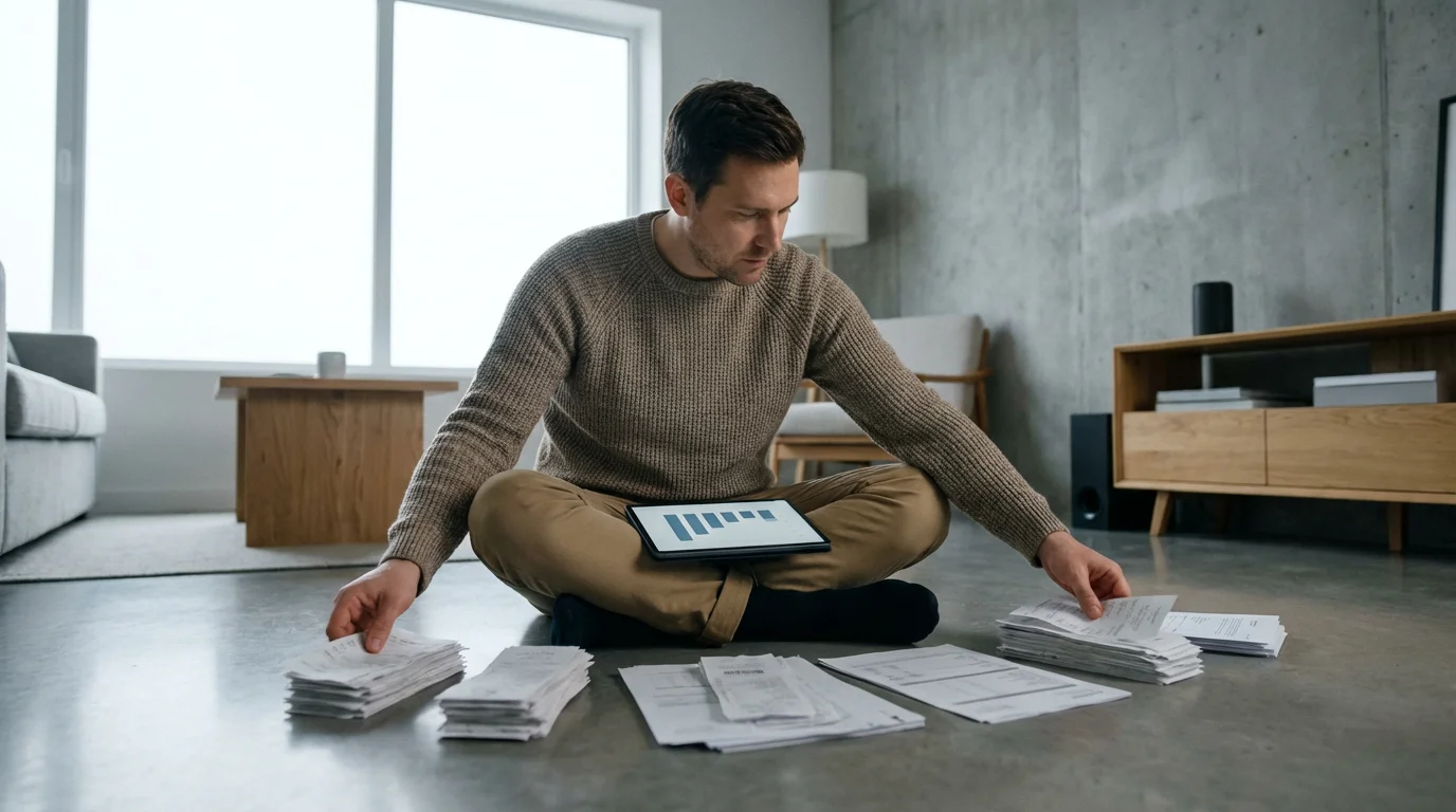 A person sitting on the floor organizing receipts and documents for their side hustle taxes.