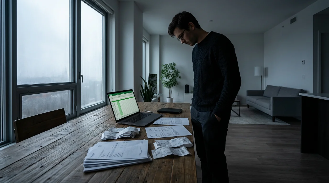A person standing over a desk covered in financial papers in a sunlit room.