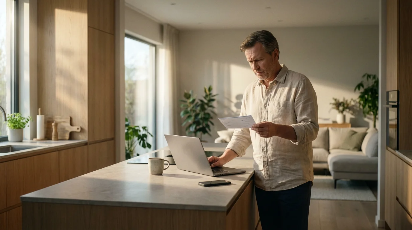 A person stands at a kitchen island, skeptically examining a paper check and laptop.