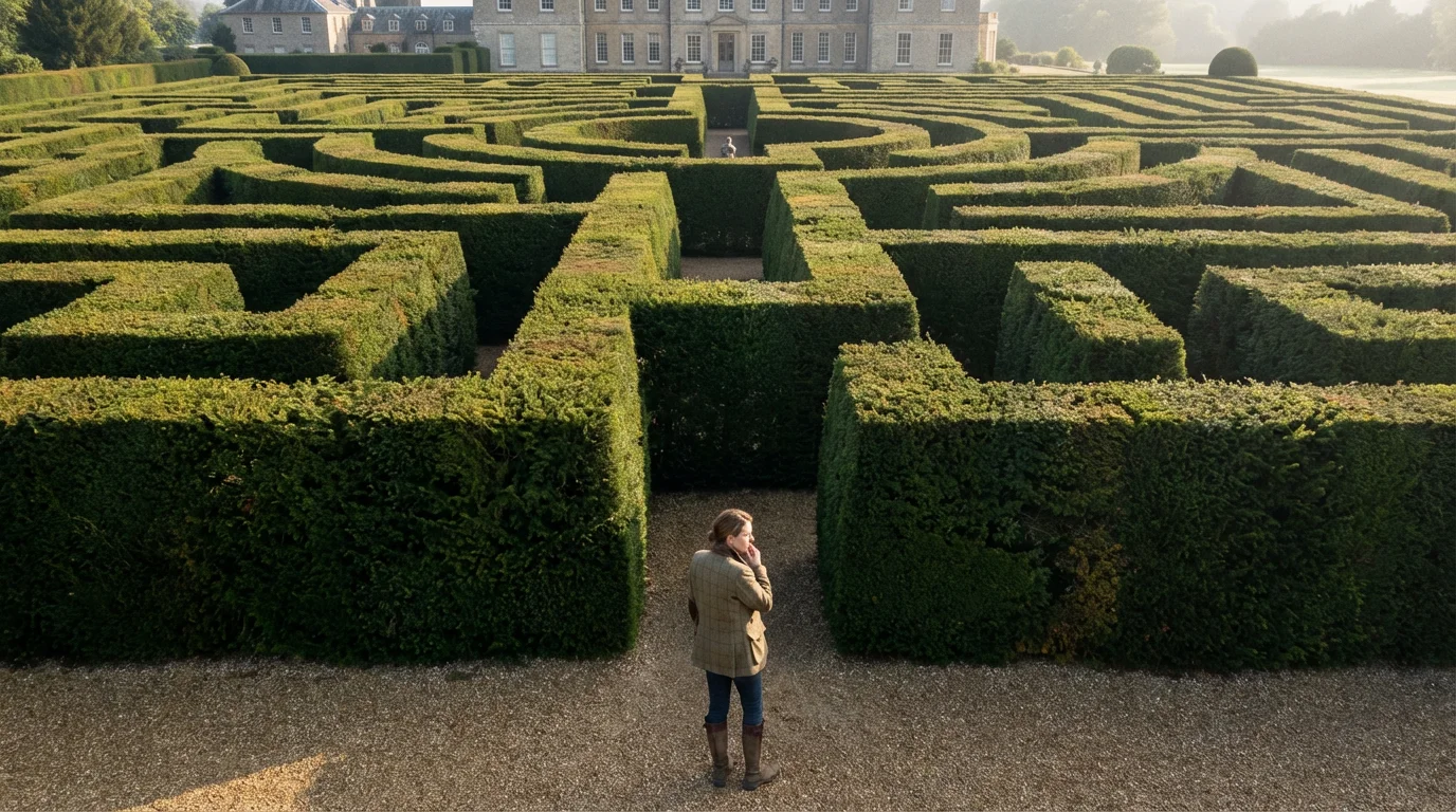 A person stands at the entrance of a vast, complex garden hedge maze.