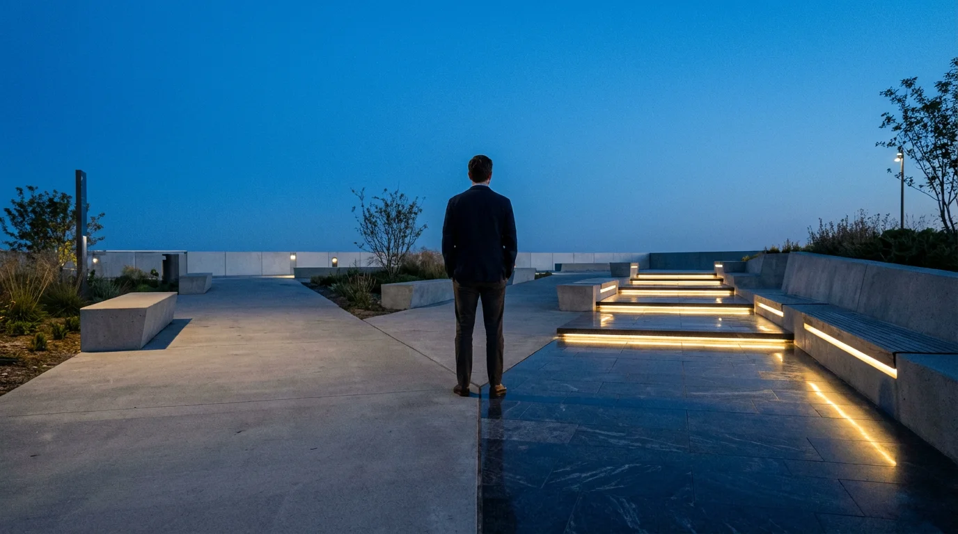 A person stands before two diverging pathways in a modern plaza at dusk.
