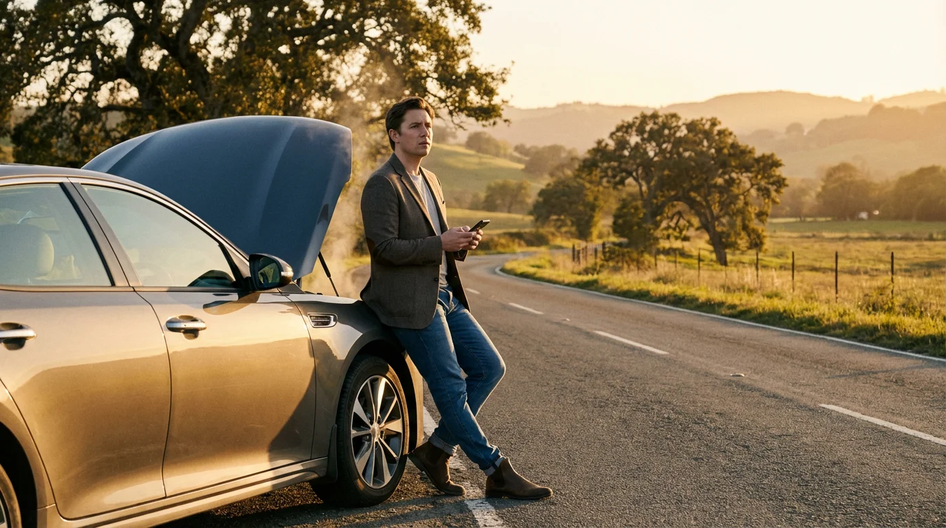 A person stands beside their broken-down car on a roadside during a golden sunset.