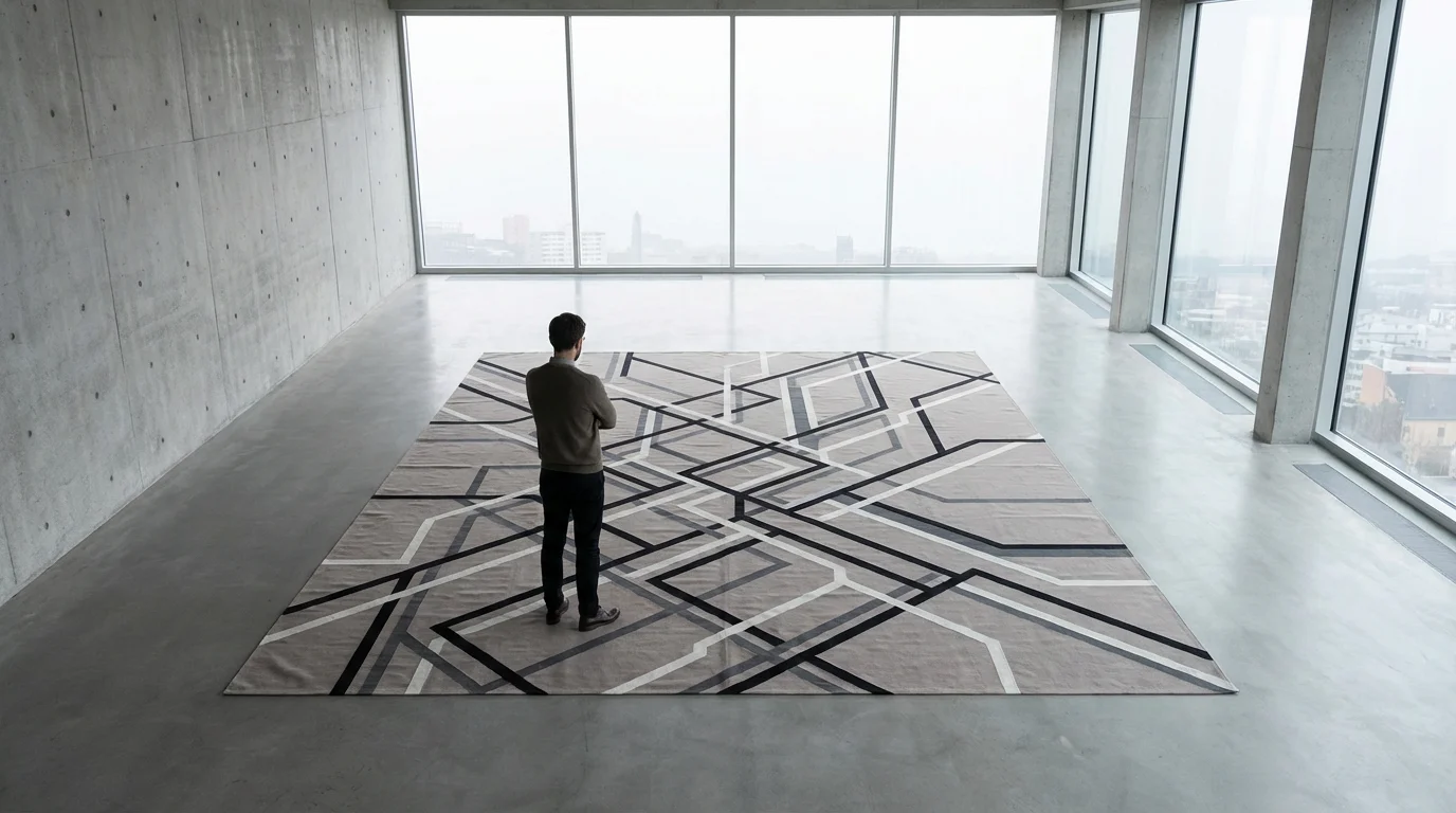 A person stands in a minimalist room, looking down at a large abstract map.