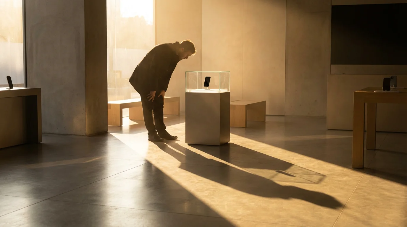 A person stands in a minimalist store, illuminated by afternoon light, examining a new smartphone.