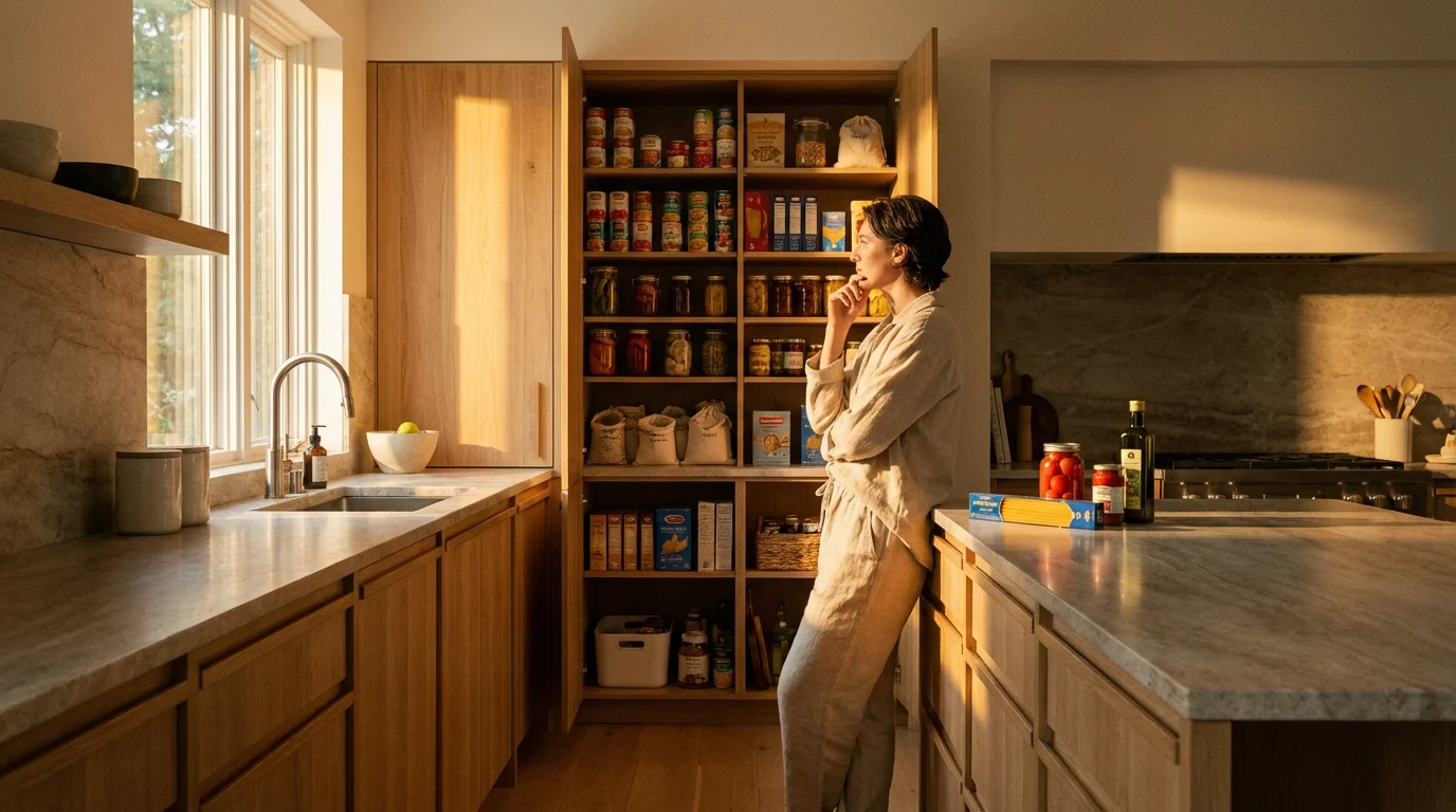 A person stands in a sunlit kitchen looking into a well-stocked food pantry.