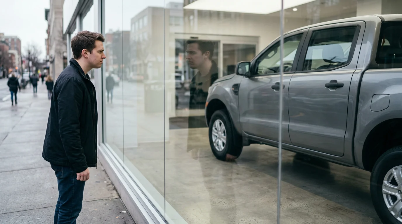 A person stands on a sidewalk looking at a new truck in a dealership.