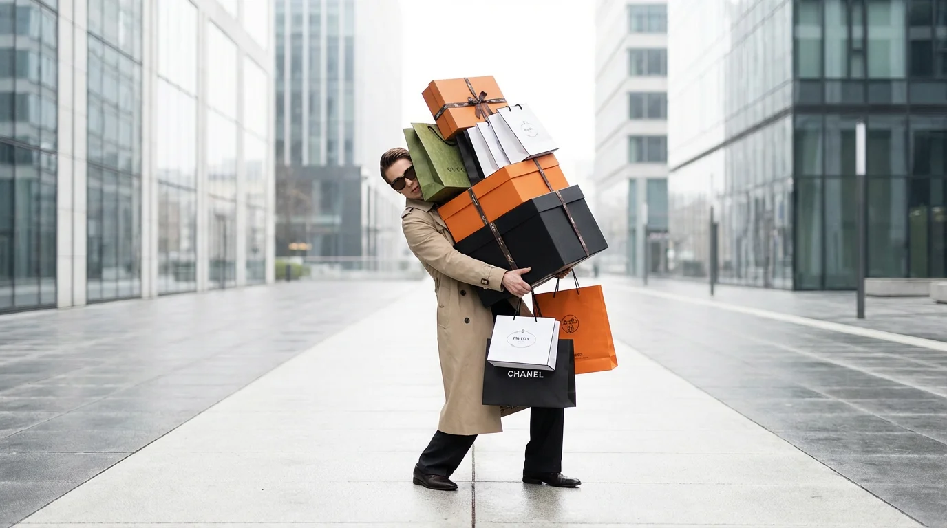 A person struggles to carry a huge, wobbling pile of shopping bags and boxes.