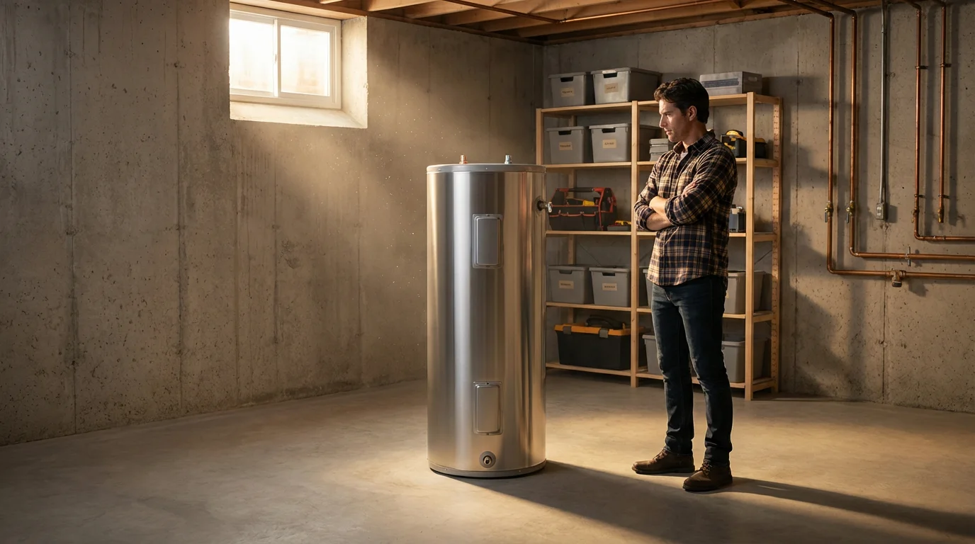 A person thoughtfully looks at a modern water heater in a basement with long shadows.