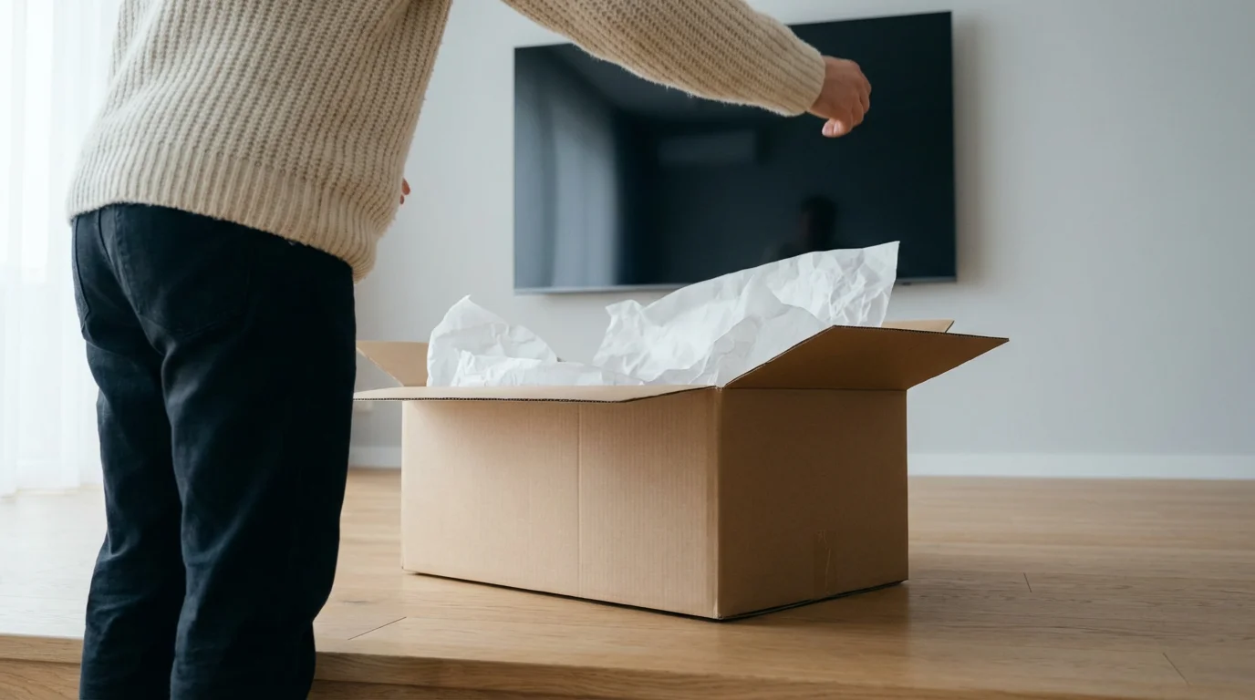 A person trying on a new sweater with a shipping box and TV nearby.
