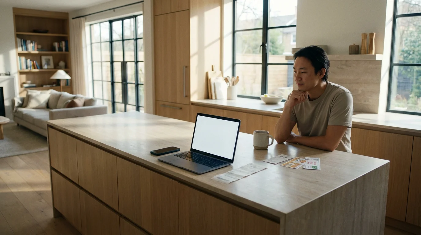A person uses a laptop to organize receipts and coupons on a clean kitchen island.