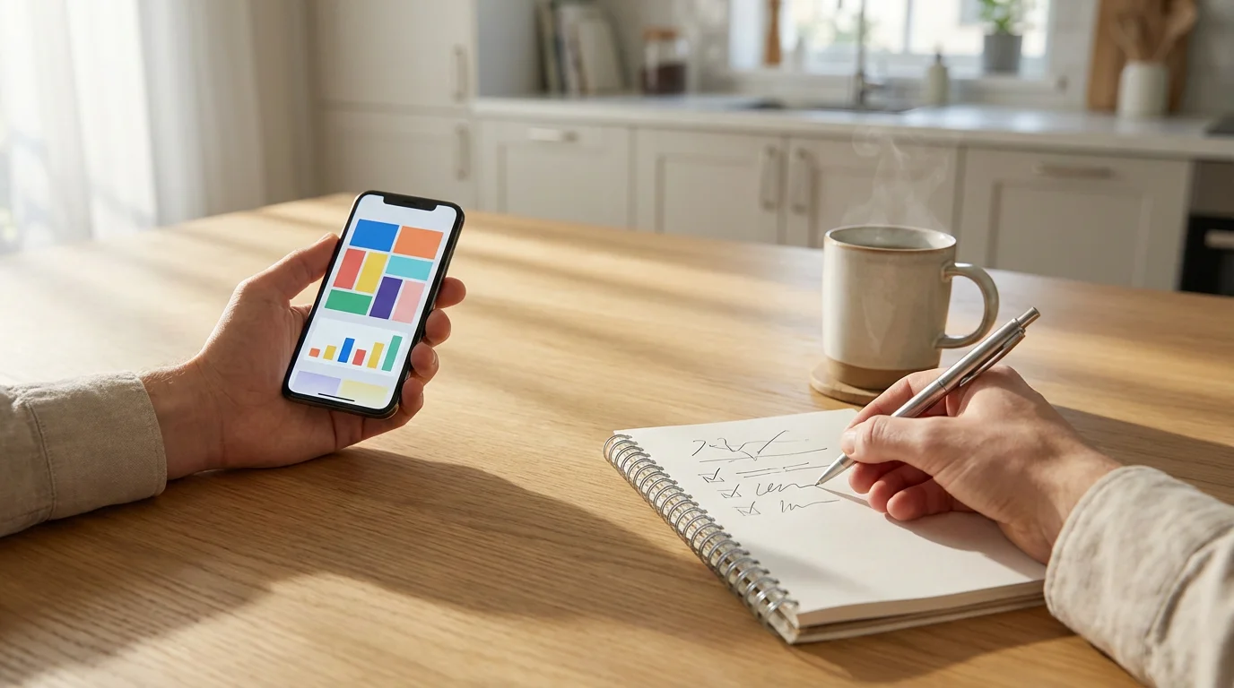 A person uses a smartphone and notepad to plan their shopping with digital coupons.