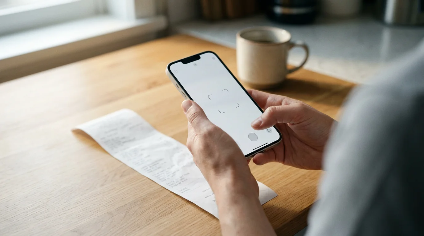 A person uses their smartphone camera to scan a long grocery receipt on a table.