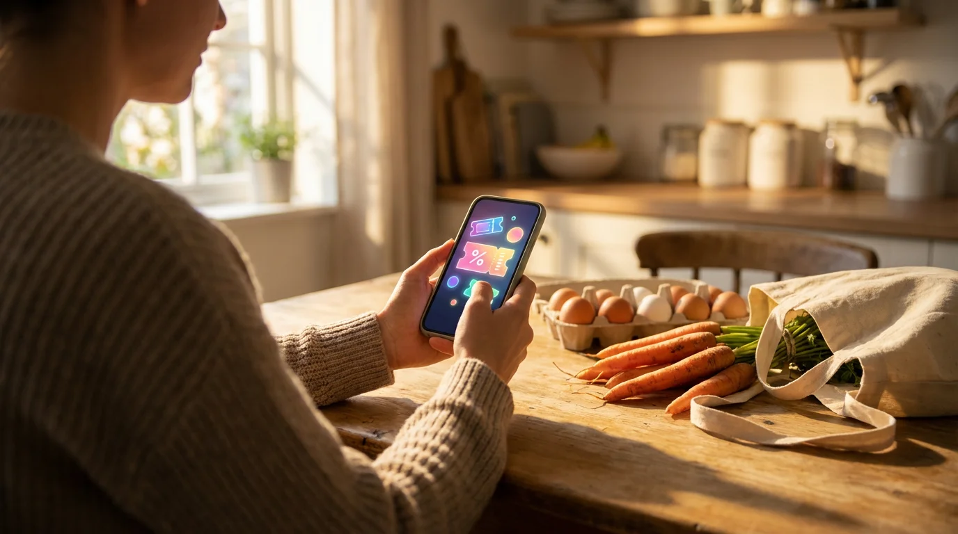 A person using a digital coupon app on a smartphone at a kitchen table.
