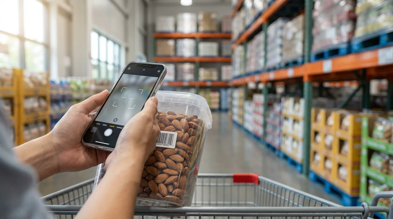 A person using a smartphone to scan an item in their shopping cart at a warehouse store.