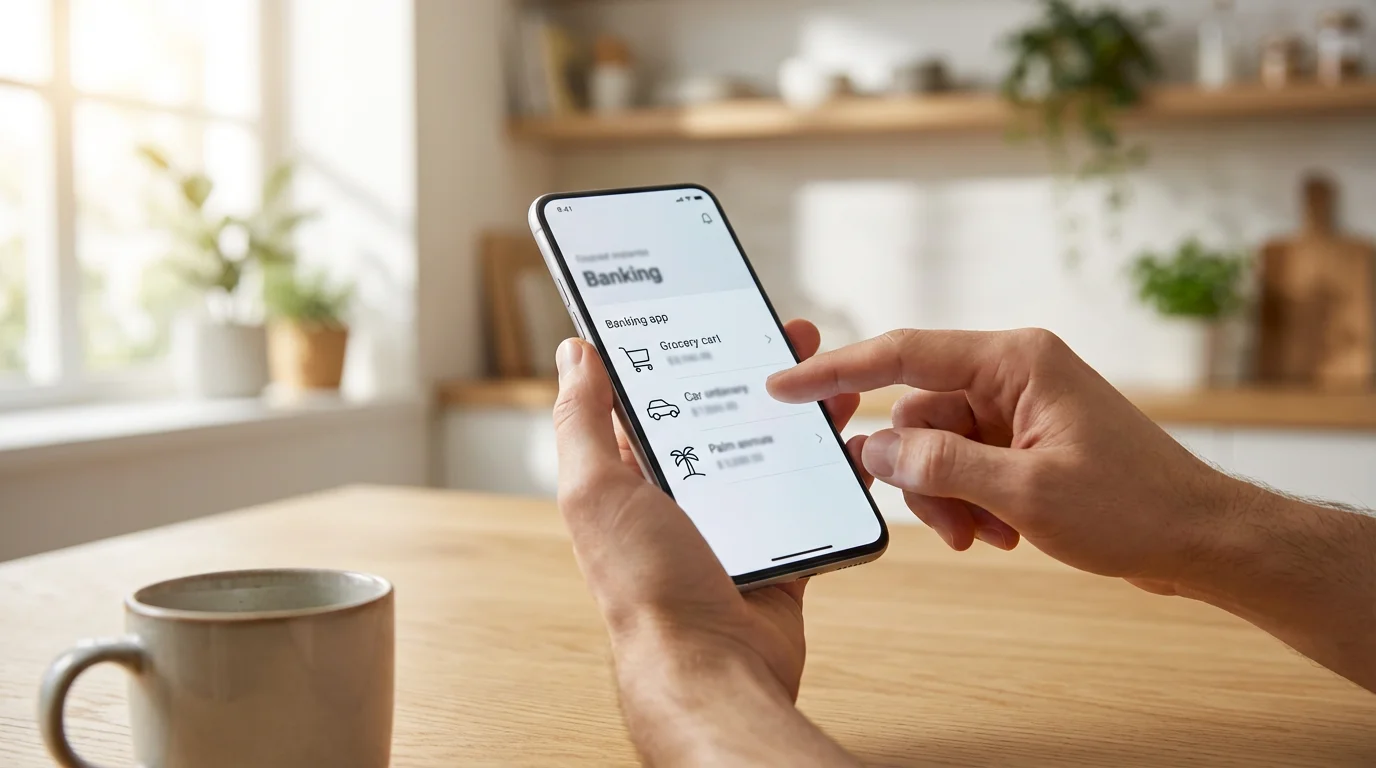 A person using a smartphone with a generic banking app to manage budget sub-accounts.
