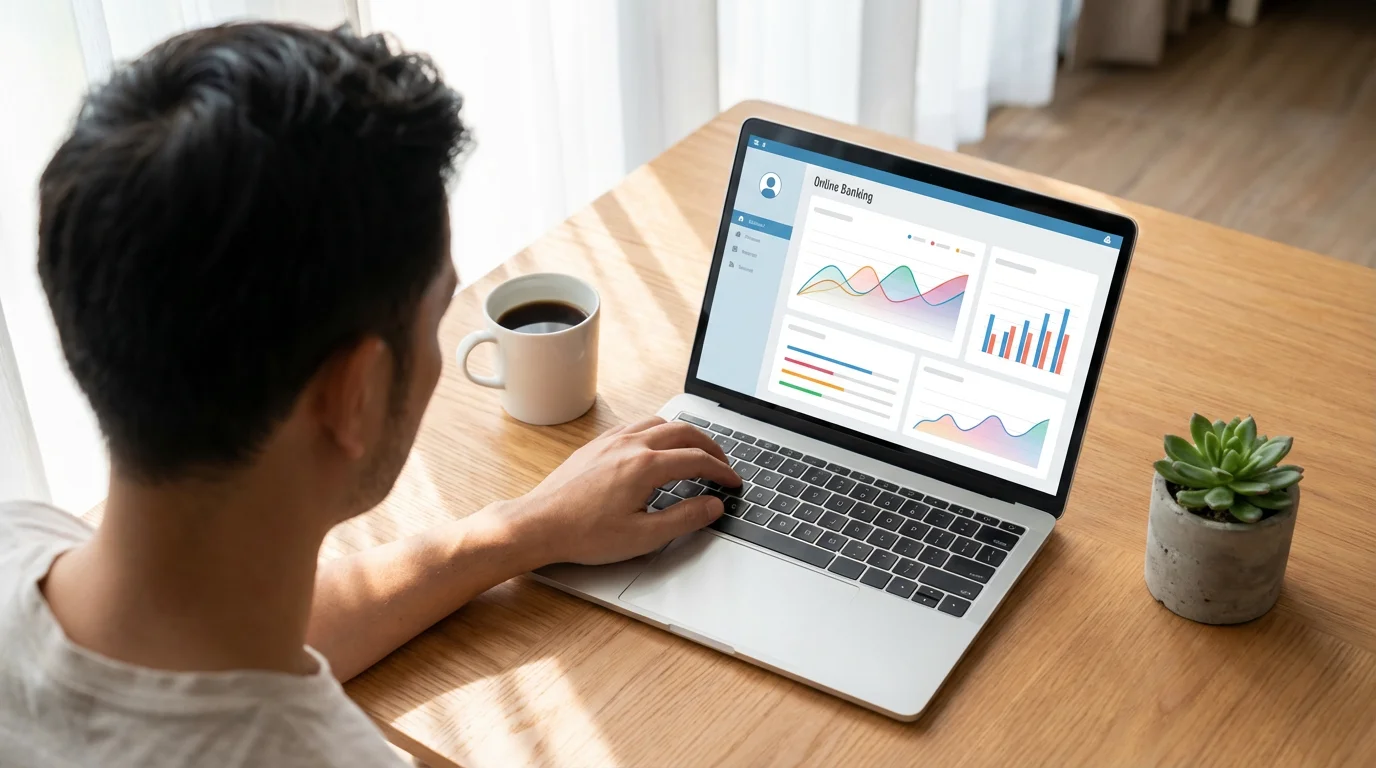 A person viewed from over the shoulder, analyzing financial charts on a laptop.