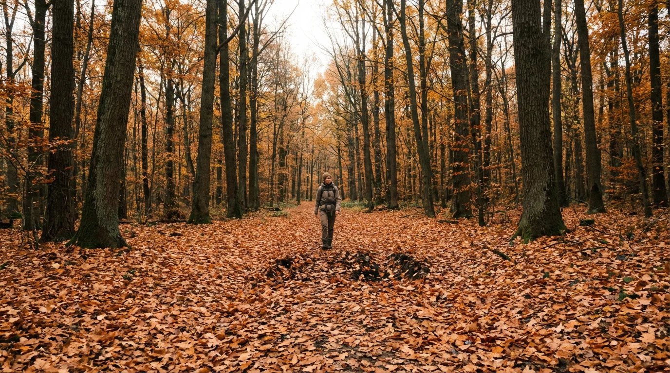 A person walks on a leaf-covered path in an autumn forest, avoiding a pitfall.