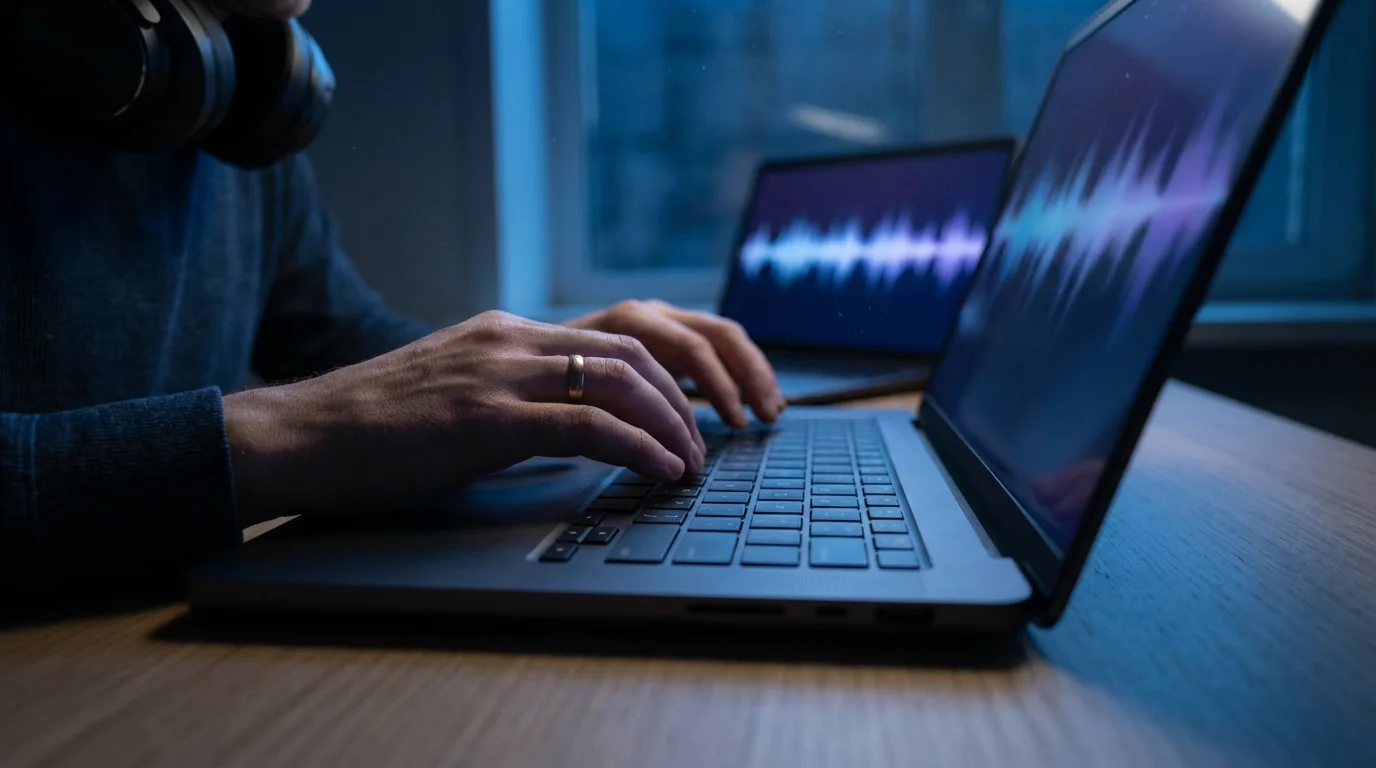 A person wearing headphones with hands poised over a laptop keyboard during blue hour.