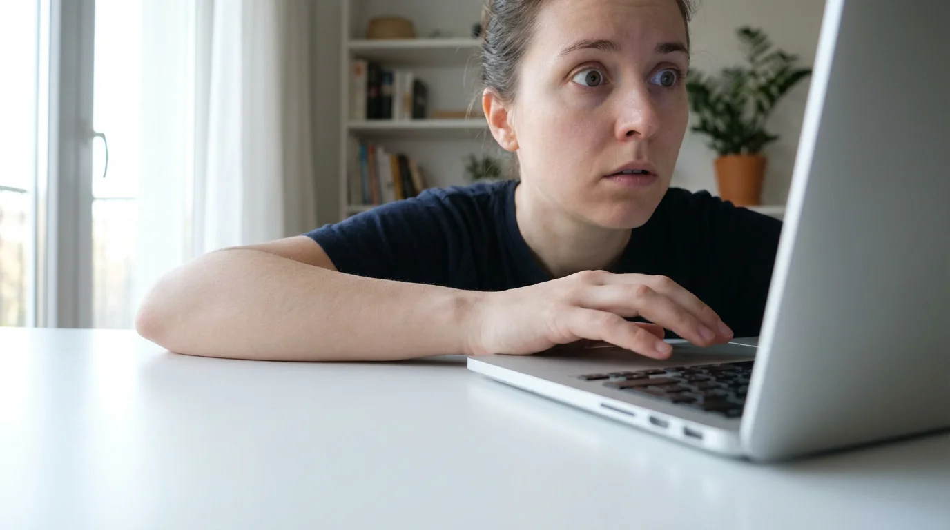 A person with a look of concern realizing they made a mistake on their laptop.