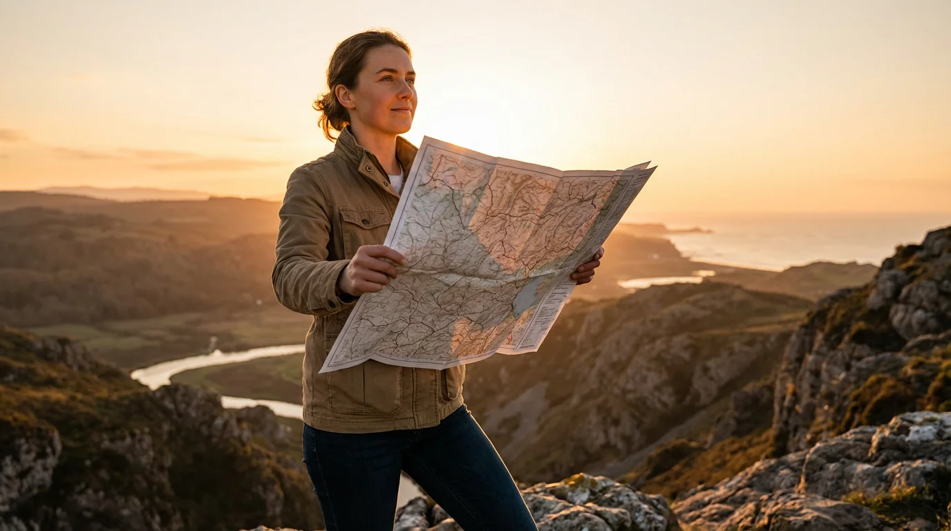A person with a map stands on a cliff at sunset, planning a journey.