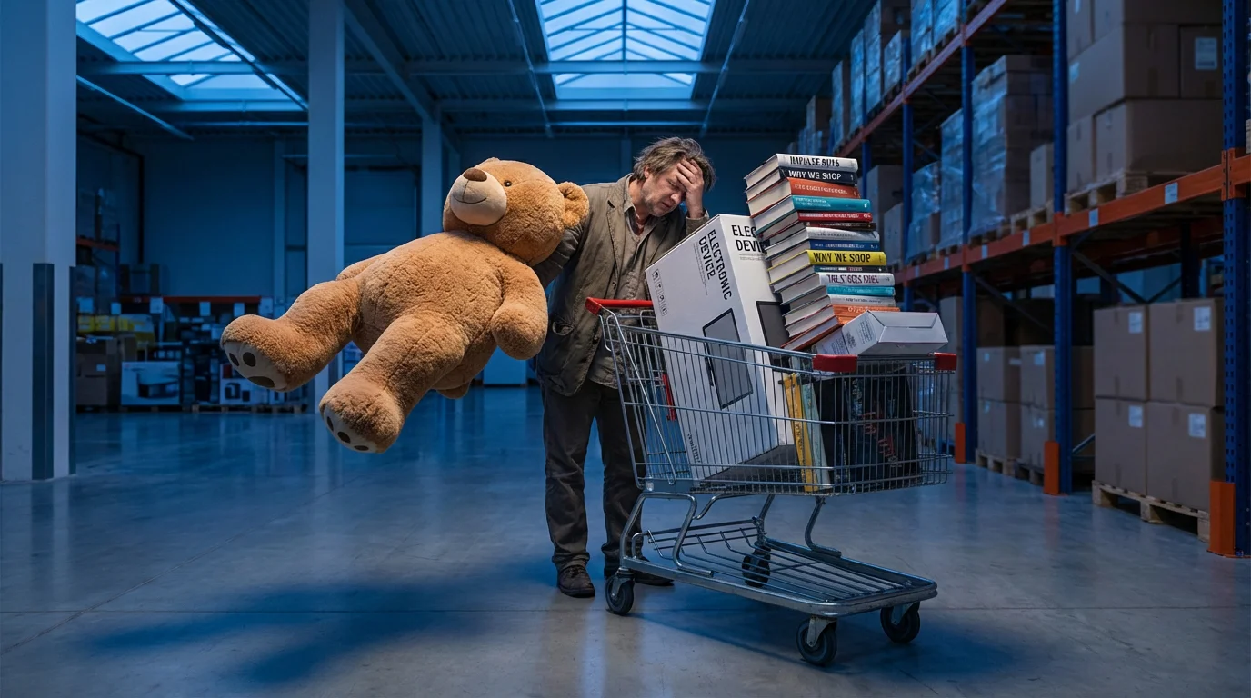 A person with an overflowing shopping cart full of impulse buys in a warehouse store.