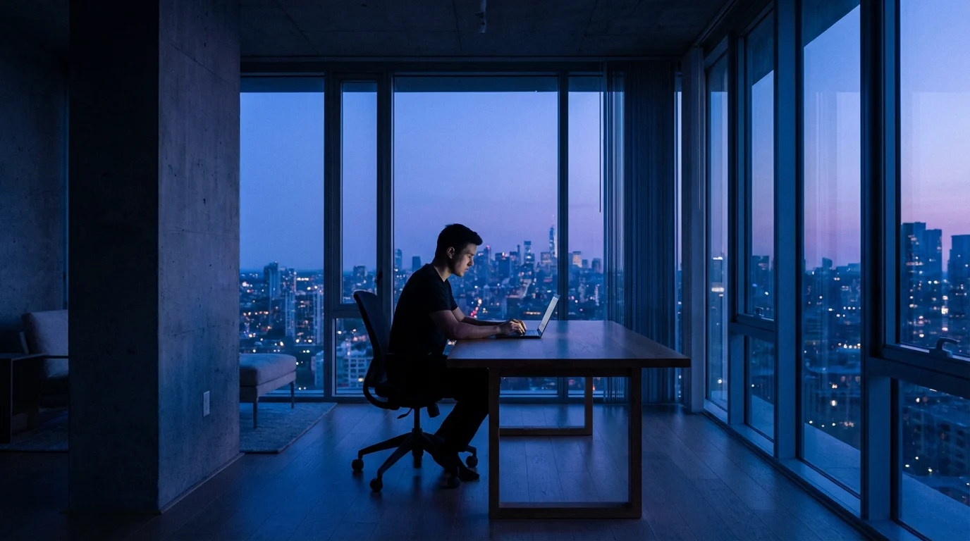 A person working alone on a laptop in a modern city apartment at dusk.