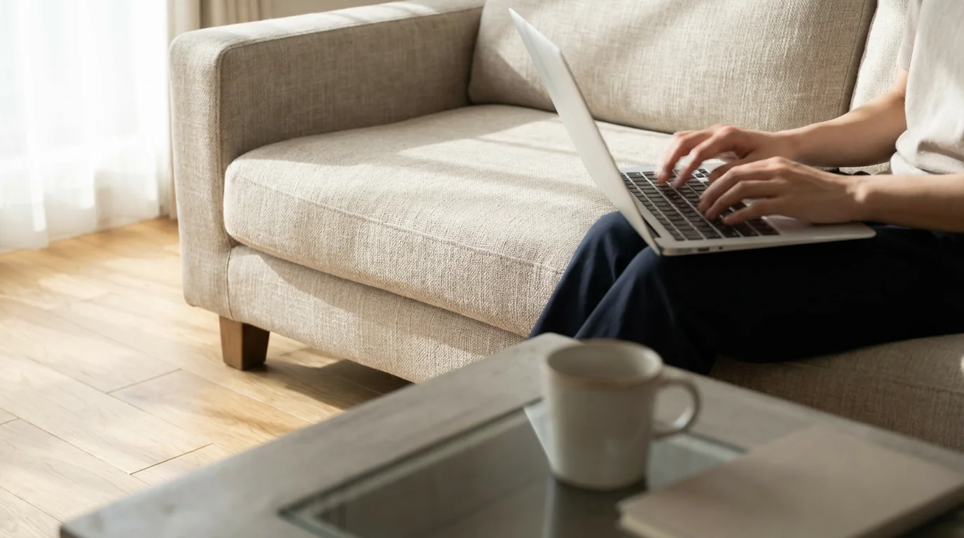 A person working on a laptop from their couch in a bright, modern living room.