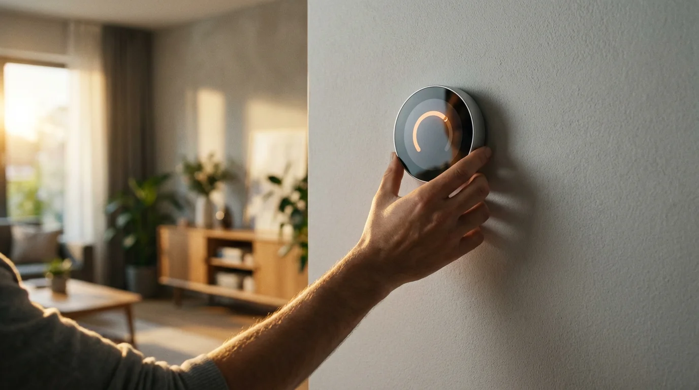 A person's hand adjusting a modern smart thermostat on a wall during golden hour.