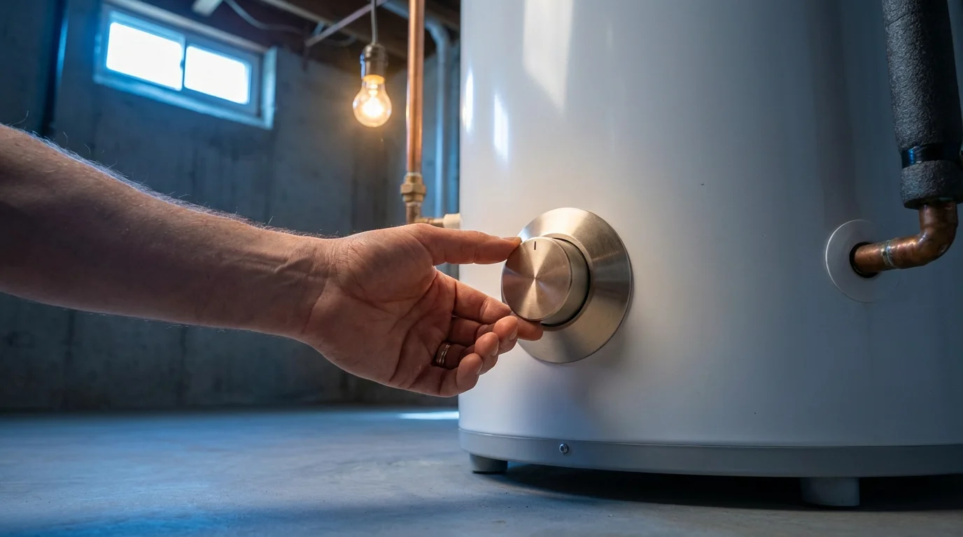 A person's hand adjusting the temperature dial on a water heater in a basement.