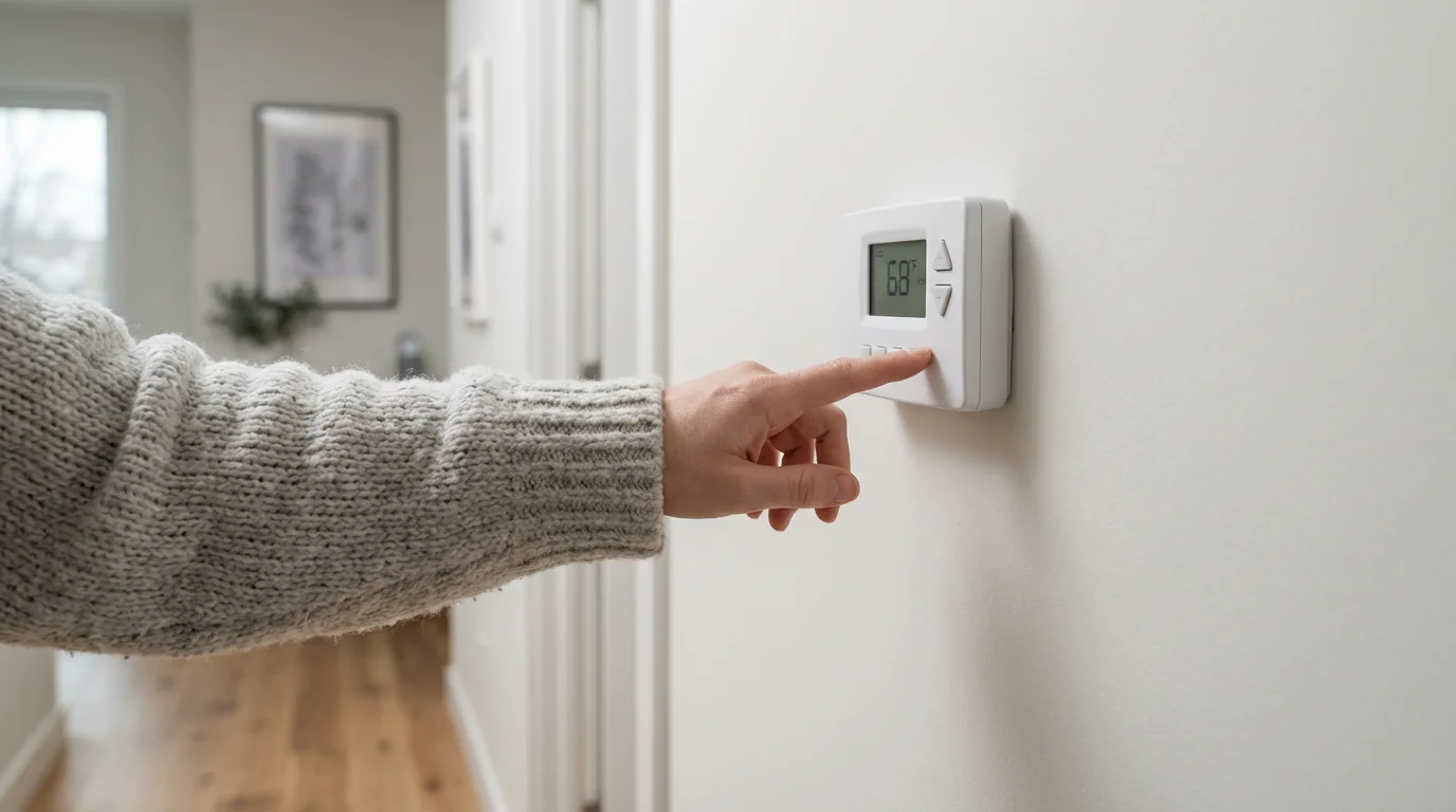 A person's hand in a cozy sweater adjusting a digital thermostat to save energy.