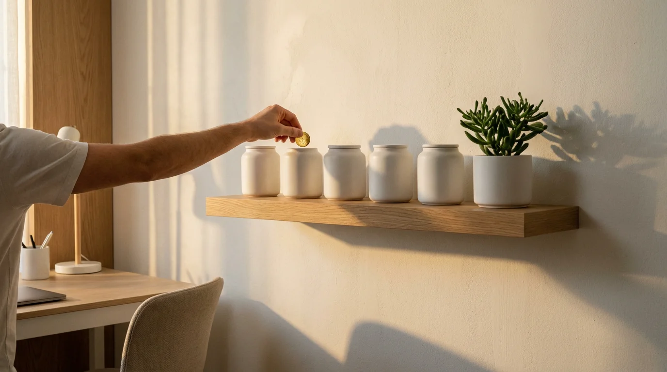 A person's hand placing a coin into a savings jar on a shelf in a sunlit room.