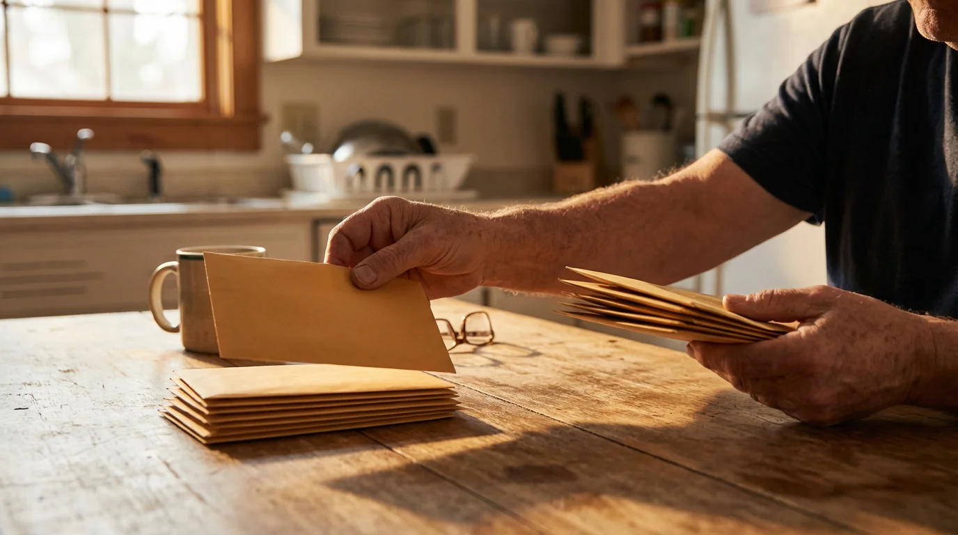 A person's hands at a kitchen table sorting envelopes into two piles.