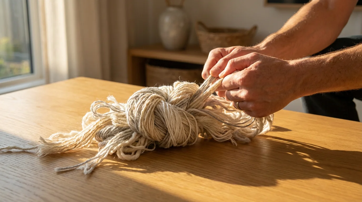 A person's hands attempting to untangle a large, complicated knot of threads.