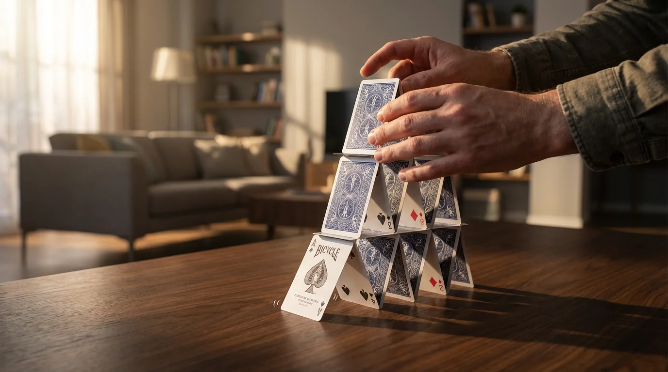 A person's hands build a tall, unstable house of cards about to collapse.