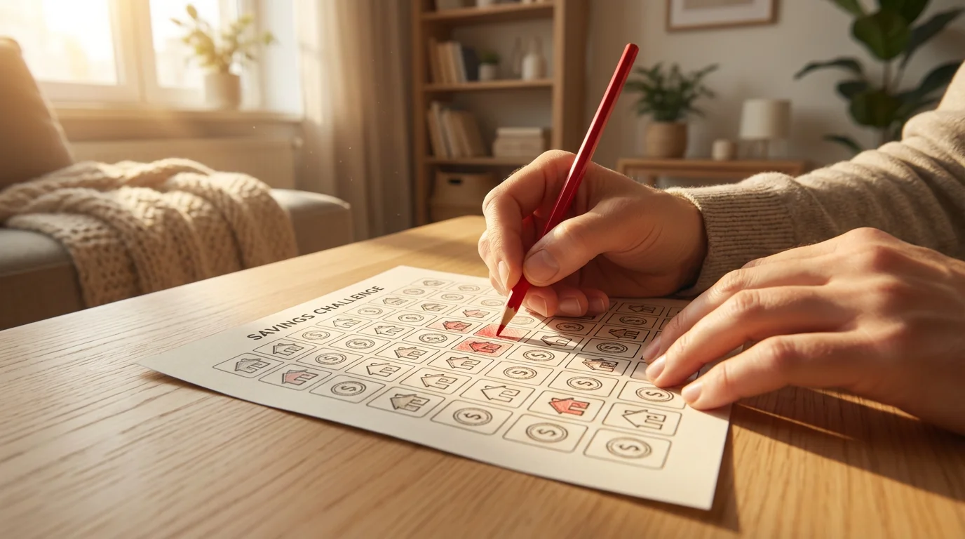 A person's hands coloring in a square on a paper savings challenge tracking sheet.