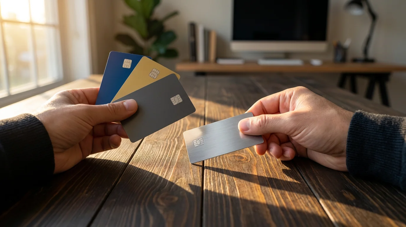 A person's hands consolidating a stack of several credit cards into a single card.
