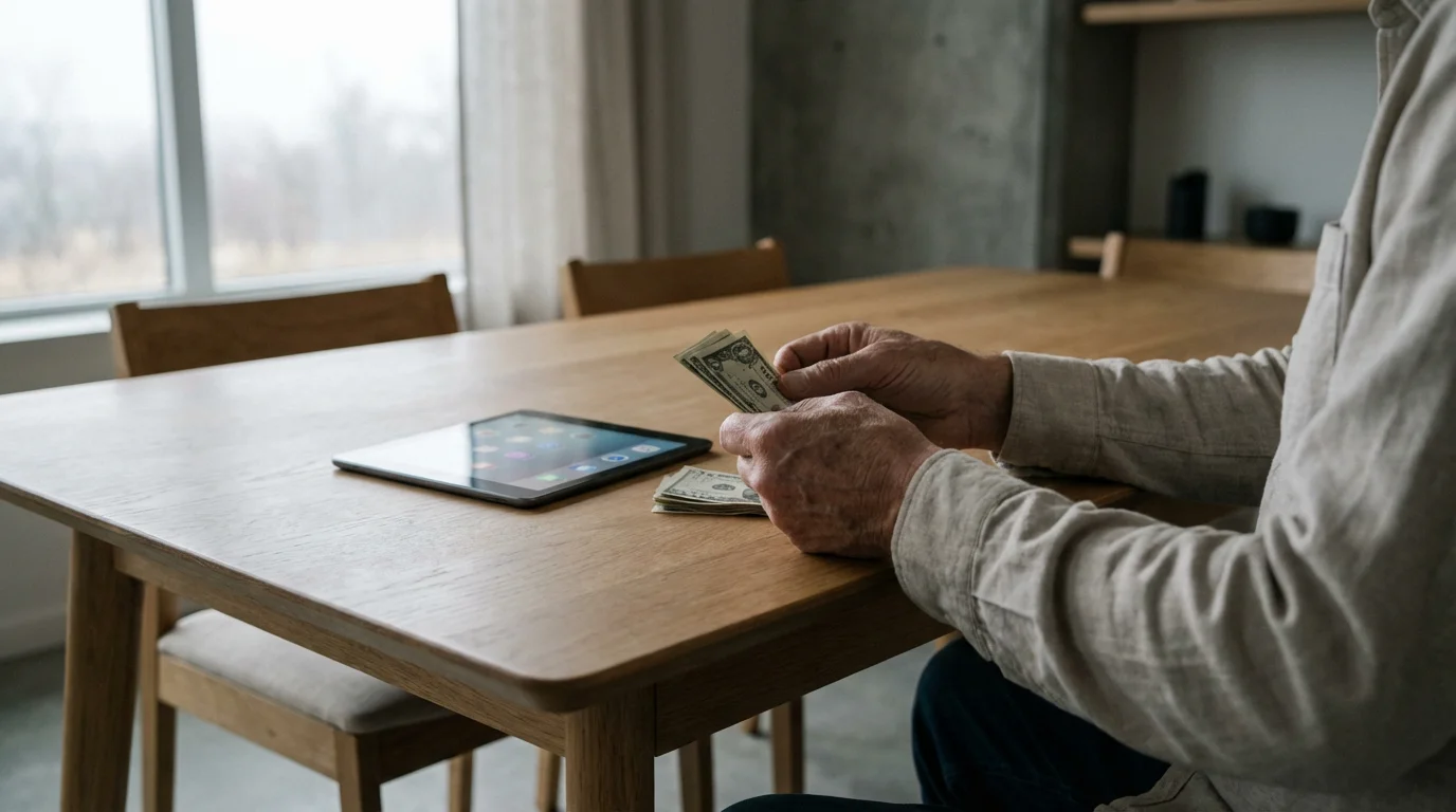 A person's hands counting a small amount of cash on a wooden table beside a tablet.
