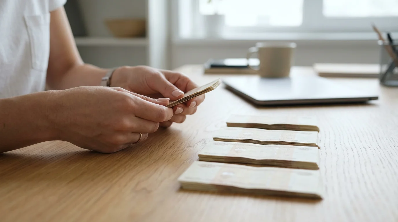 A person's hands dividing cash into four equal stacks on a modern wooden desk.