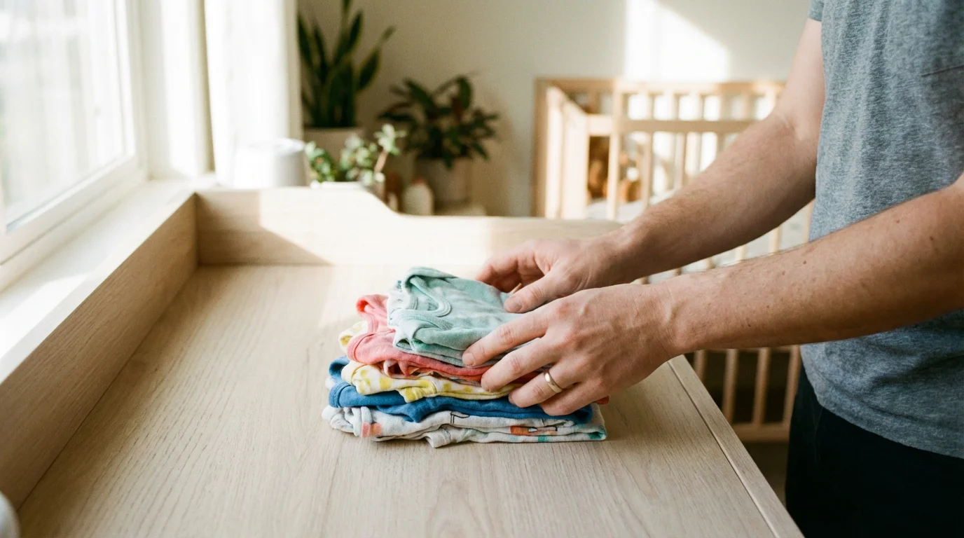 A person's hands folding a stack of gently used baby clothes in a nursery.