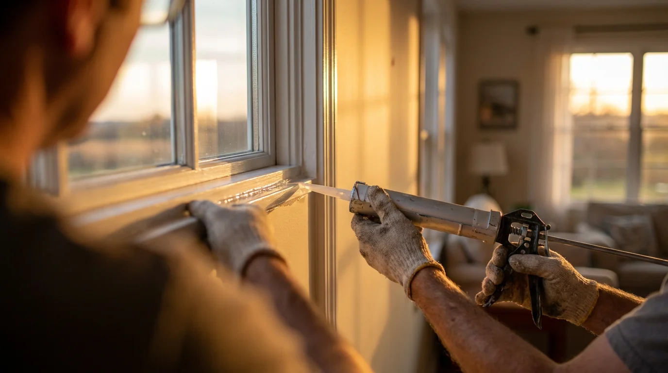 A person's hands from an over-the-shoulder view, caulking a window frame during golden hour.